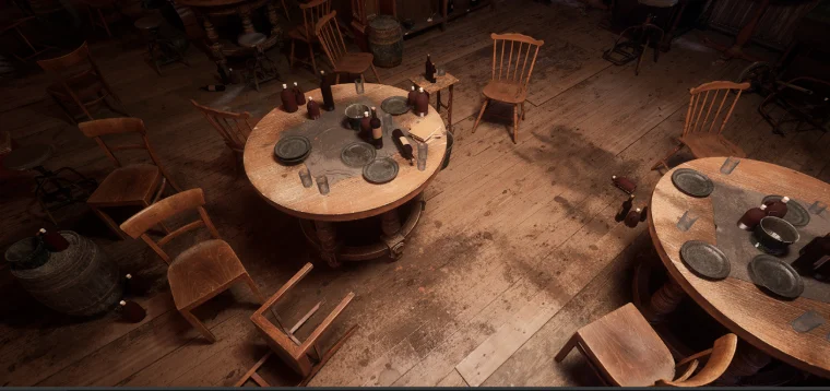 生活痕迹：倒塌的椅子与酒瓶